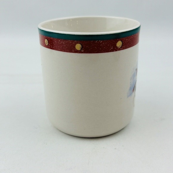 Royal Seasons Snowmen 4 Mug Lot 3.25" Cup Red‎ Band Dots Green Trim Stoneware - Picture 8 of 10